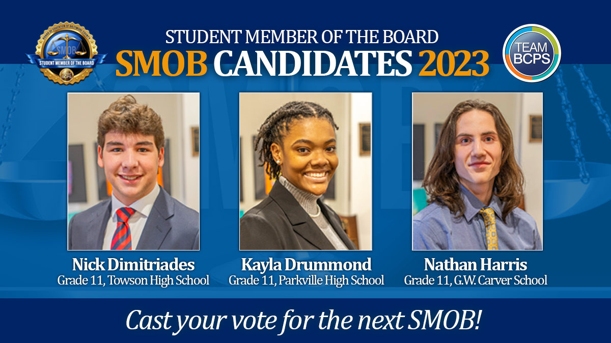 📣 SMOB voting is live! Now through 11:59 p.m., #TeamBCPS middle and high school students can cast their votes for the next Student Member of the Board! Candidate Q&amp;A’s + voting link are available at cos.bcps.org/departments/co….