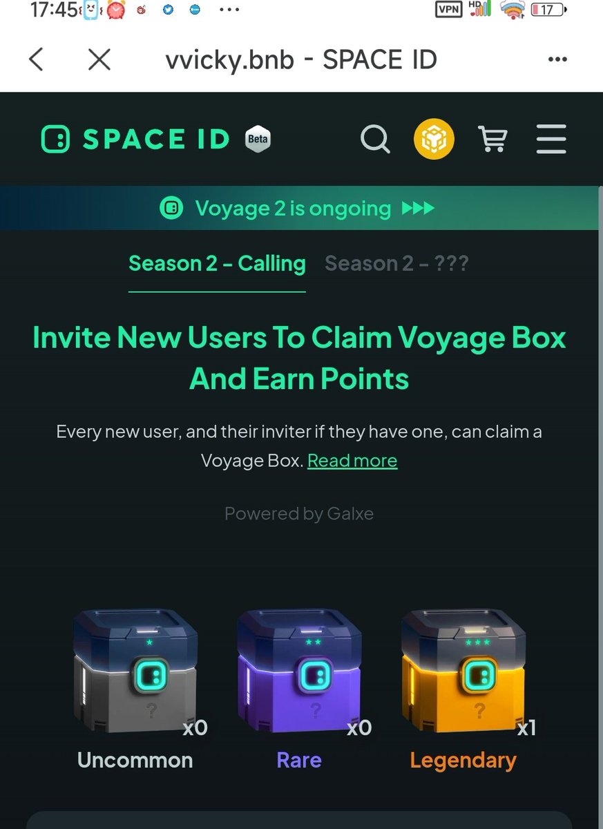 钱包在3.16号前有ENS或者蓝筹NFT的话可以去Space ID 领一个传奇宝箱（听说传奇箱子至少值50U，不保真）用我的邀请双方都可以得一个，领完可分享自己的链接给别人领取。space.id/voyage/season-…