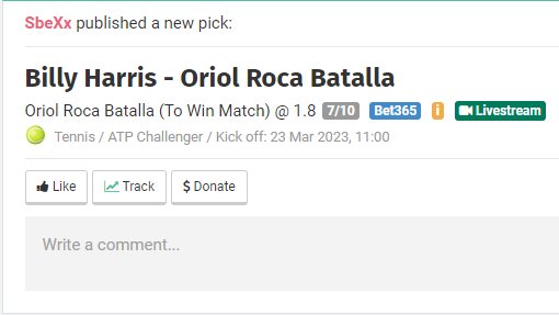 SbeXx_Bets's tweet photo. 🎾Apuesta del día en el @challengeratp Les Franqueses del Vallès
 
💵Gana Oriol Roca Batalla
💳 cuota 1.80
⭕️Stake 7

Sígueme en mi Blogabet para máspronósticos
➡️https://t.co/q1zlMRDZ8e

#ApuestasDeTenis #Tenis #lesfranquesesdelvalles https://t.co/fRoR6cjFot
