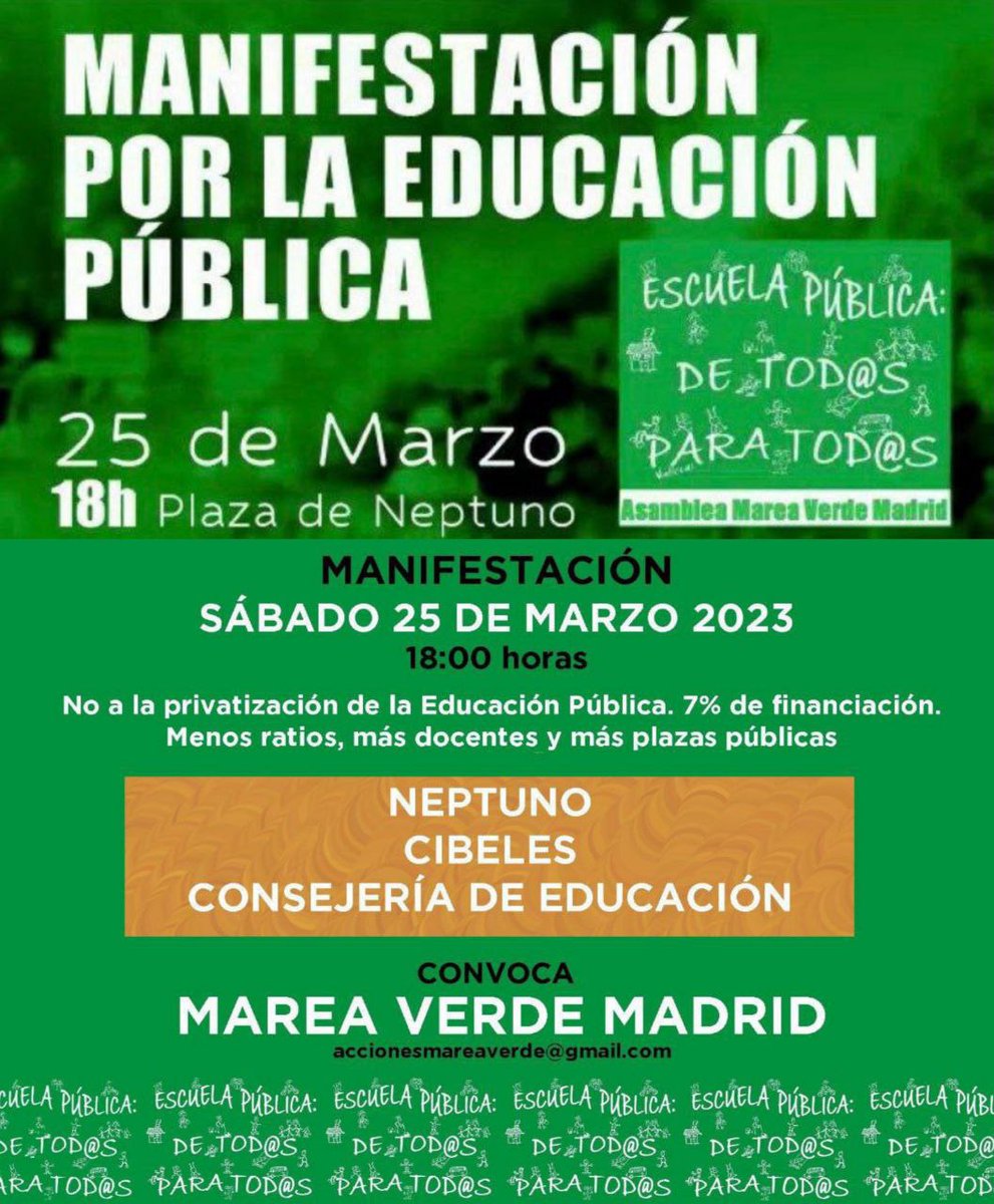 Este sábado 25 de marzo os animamos a defender la Educación Pública junto a <a href="/VenaMareaVerde/">Marea Verde Madrid ¡#MatricúlateEnLaPública!</a>.
#ManiEducación25M
#YoVoy25Mporque 
✍️ Necesitamos un hilo..