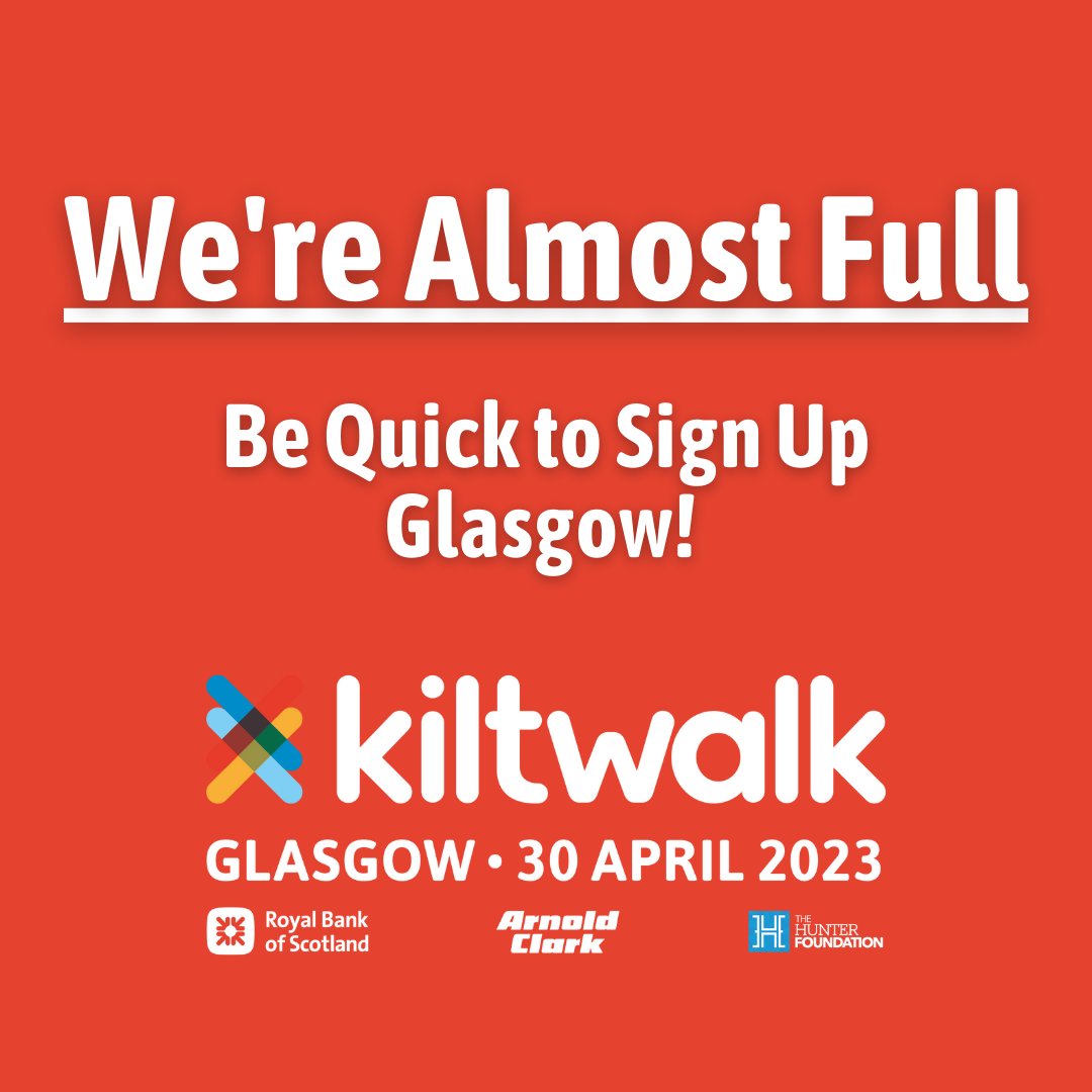 Spaces for Glasgow Kiltwalk April 30 are now VERY limited. 

Don't delay, sign up now! 👉bit.ly/3H9cRw7 

#KiltwalkGlasgow