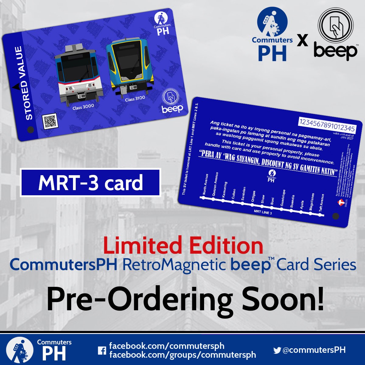 commutersph's tweet photo. We, in partnership with @beep_card proudly announces the 3rd and final design of its very own limited edition Retromagnetic beep cards.
Pre-order link up tomorrow at 12PM! Stocks are limited and until supplies last only!
#CommutersPH #itsMRT2 #beep https://t.co/GauqMdou2S
