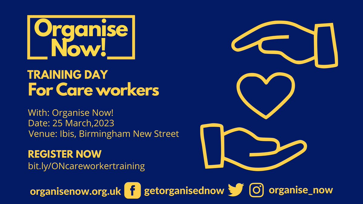 🙋‍♀️Are there any care workers out there?

We have a free training that will discuss how to
✊Increase pay
✊Improve conditions
✊Build power

🗓️ 25 March 📍Ibis, Birmingham New Street
✏️Register>bit.ly/ONcareworkertr…
🚂 FREE travel

#OrganiseNow