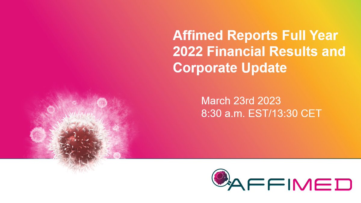 Today at 8:30 a.m. EDT / 13:30 CET, we discuss our full year 2022 results and corporate update in a conference call. The live audio webcast of the call will be available in the “Webcasts” section on the “Investors” page of the Affimed website. Full PR: bitly.ws/BYQN