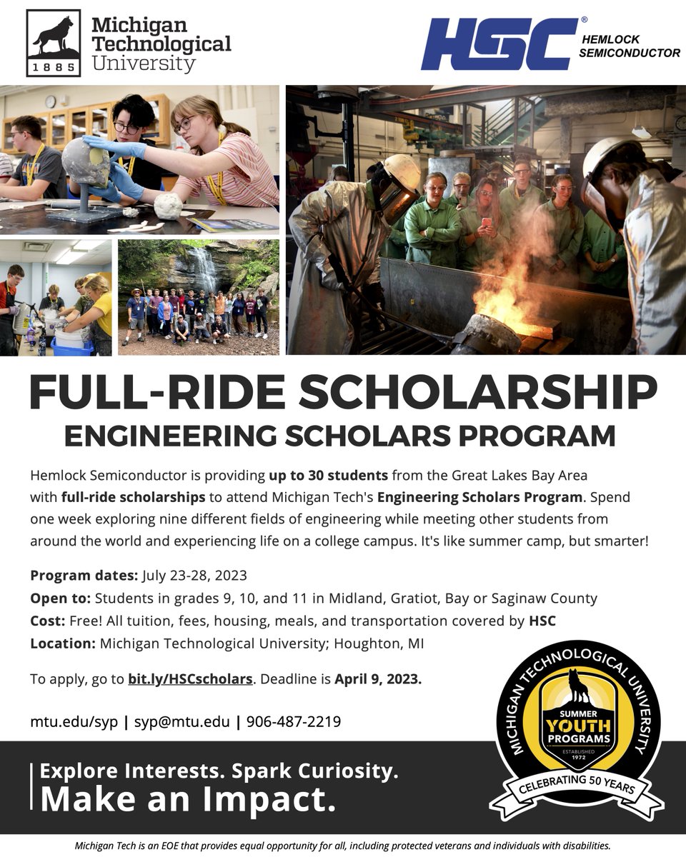 stemgreatlakes's tweet photo. Hemlock Semiconductor is proud to offer full scholarships for students in Midland, Saginaw, Gratiot &amp; Bay counties valued at more than $1,400 per youth in grades 9-11 to attend this summer’s program. 
The deadline to apply is April 9, 5pm 
Apply today: https://t.co/2iuzMkPzJI https://t.co/jC5x0zDUqz