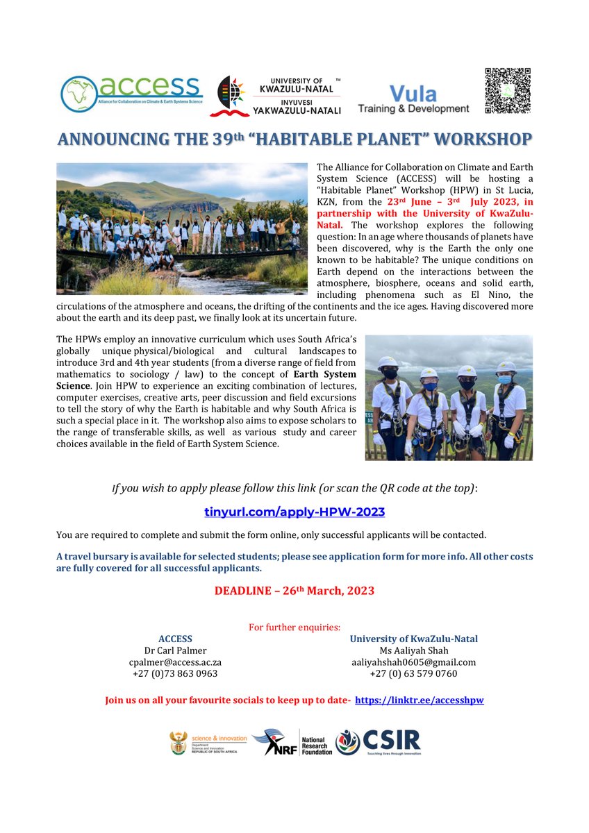 Calling all undergrad students! Explore the unique conditions on Earth & why it's the only known habitable planet, at our next HPW in St Lucia, KZN, June 23. #EarthSystemScience #ClimateChange #HabitablePlanet #TransferableSkills #UniKZN #ACCESS #HPW2023 

tinyurl.com/apply-HPW-2023