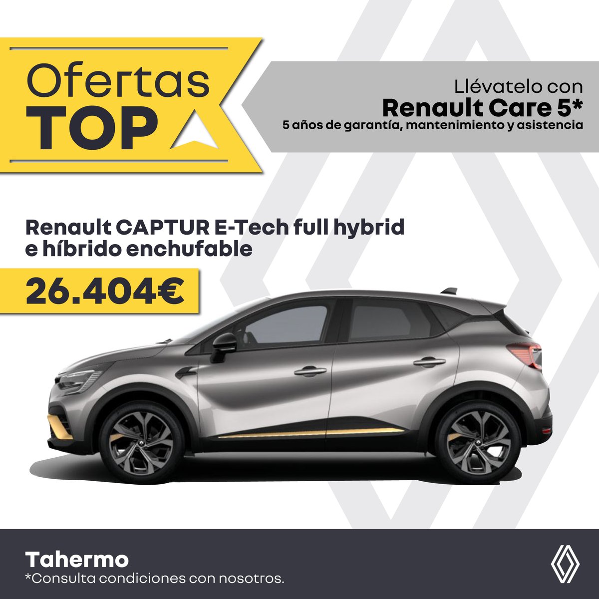Tahermo_Renault's tweet photo. Aprovecha las Ofertas Top de Tahermo 🔝 para que obtengas el mejor precio en el Renault Captur E-Tech full hybrid desde 26.404€ ¡Y condúcelo en menos de un mes y llévatelo con Renault Care 5*!
Para más información visita este enlace:
🔝Captur https://t.co/4qCcZ0kKKt
#tahermo https://t.co/e5iapaPo1o