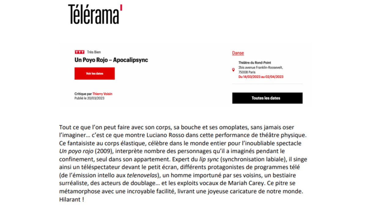 QLP_prod's tweet photo. 💣@luchianorosso dans son seul en scène pas si solo que ça, adulé par la presse💥
APOCALIPSYNC validé par @Telerama @TeleramaSortir @Figaro_Culture @Le_Figaro et @TETUmag🤩
Jusqu'au 2 avril au @RondPointParis🎭
https://t.co/rFEMY4oOoD
#apocalipsync #lucianorosso https://t.co/4rFr6UWITg