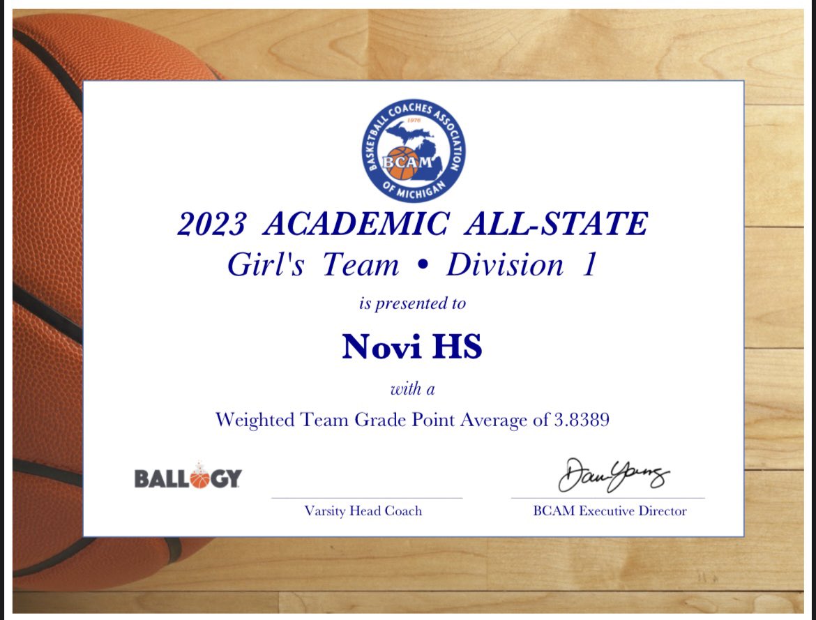 Congratulations to our Varsity team, they were successful in the classroom with an impressive 3.8389 GPA! 🤓 <a href="/BCAMCoaches/">BCAM</a> Academic All-State again! Way to go ladies <a href="/NCSD/">Novi Community School District</a> <a href="/NoviAthletics/">NoviAthletics</a>