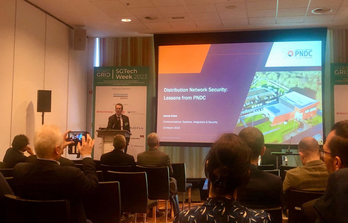 PNDC_UK's tweet photo. @UniStrathclyde's James Irvine is at #SGTechWeek2023, with a presentation on 'Distribution Network Security: Lessons from PNDC'.
Get in touch to discuss collaborative opportunities & learn more about our comprehensive testing & demonstration capability.
https://t.co/8Bxco5m3hc https://t.co/dJtb2oHccY