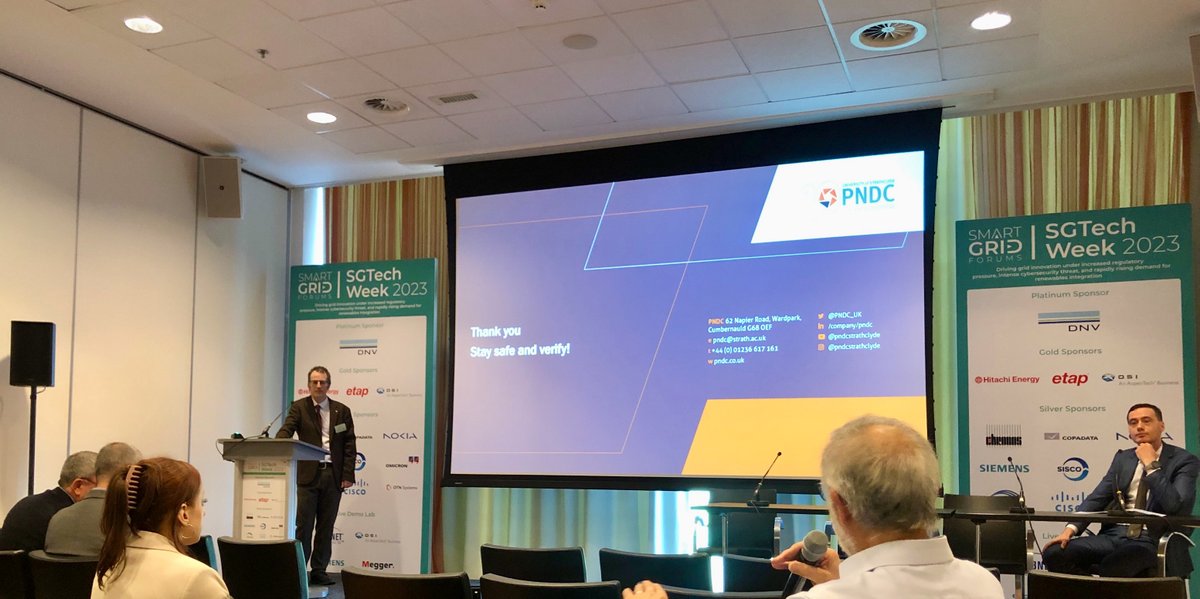 @UniStrathclyde's James Irvine is at #SGTechWeek2023, with a presentation on 'Distribution Network Security: Lessons from PNDC'.

Get in touch to discuss collaborative opportunities & learn more about our comprehensive testing & demonstration capability.

pndc.co.uk/contact-us/