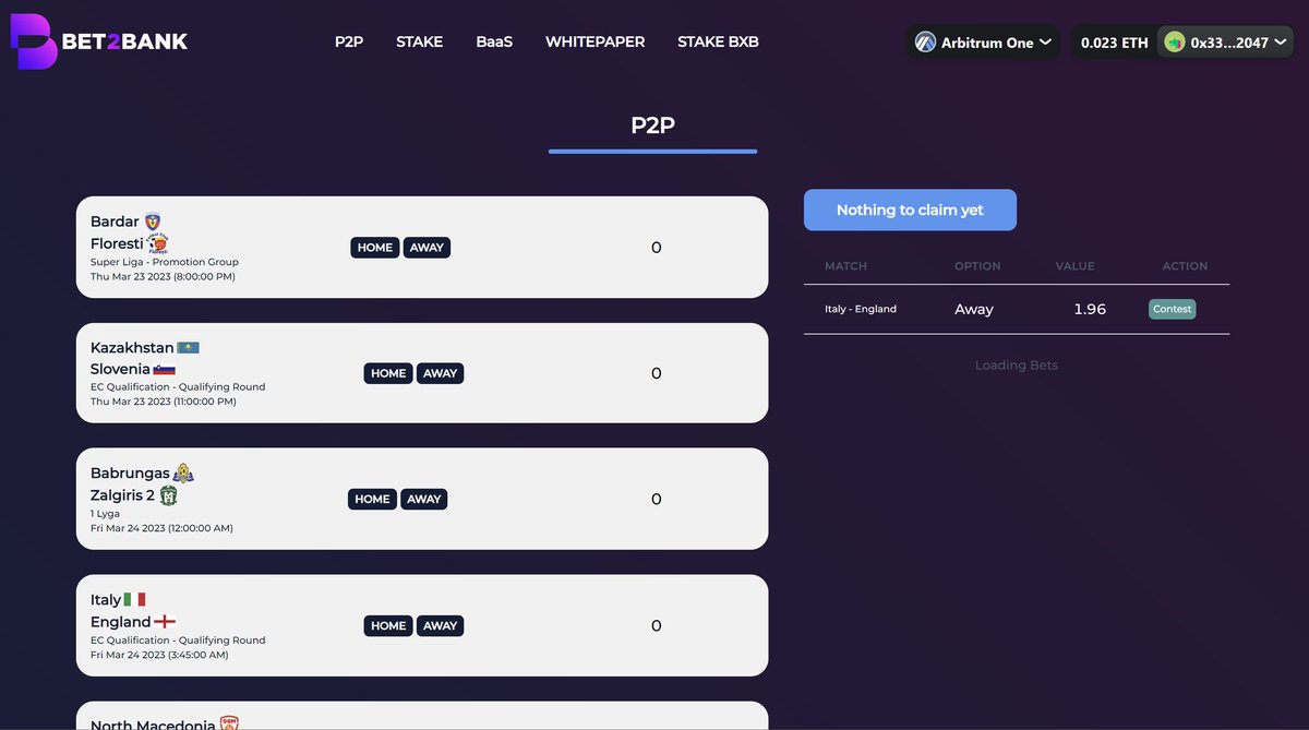 Excited to announce that our P2P dApp is now LIVE on Arbitrum! 

Create your own or contest a bet at;

Dapp.bet2bank.io/P2P

Make sure your wallet is on the Arbitrum &amp; make sure to have USDC

$BXB #UEFAEURO #GambleFi #ARBITRUM