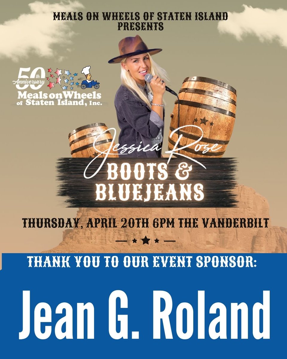 MealsOnWheelsSI's tweet photo. Thank you to our newest Boots &amp; Blue Jeans Event Sponsor: Jean G. Roland!  
Don't forget that this special event will feature a live performance by country music star Jessica Rose!  Click for tickets, sponsorship and more info: https://t.co/vQBPJ5eINX https://t.co/feLEiq1MV9