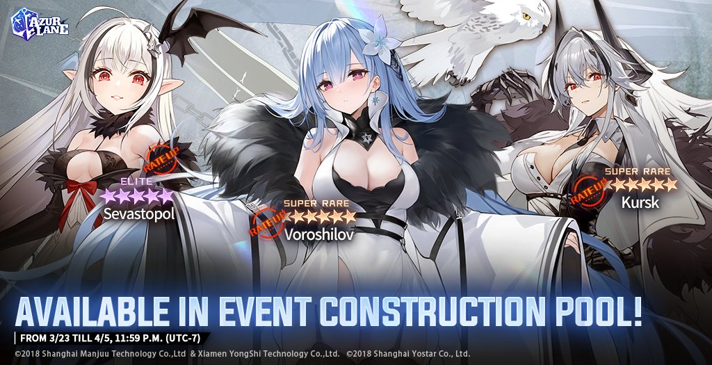 Dear Commander, 

The Frostfall event is currently ongoing! These limited characters are now available in the event construction pool till 4/5, 11:59 P.M. (UTC-7).

#AzurLane #Yostar