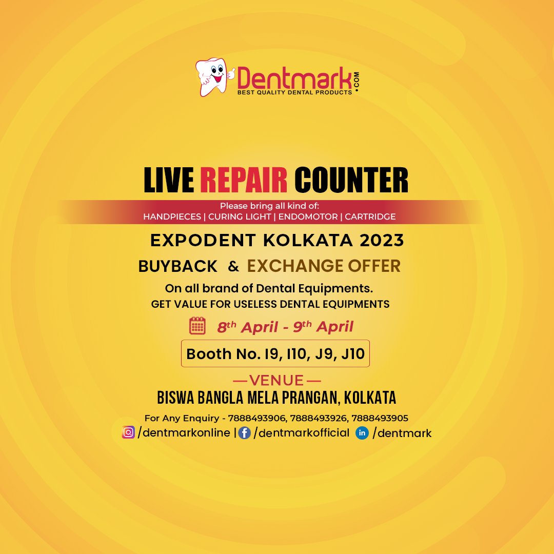 dentmarkonline's tweet image. Live Repair Counter at Expodent Kolkata 2023
Please bring all kinds of Handpieces, Curing light, Endomotor, Cartridge
Date - 8-9 April
Venue - Biswa Bangla Mela Prangan, Kolkata
Booth no. I9, I10, J9, J10
For Any Query, Please Call - 7888493926
#kolkataexpodent #dentalexpodent