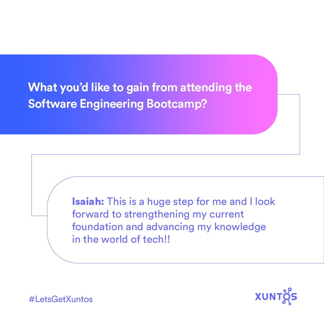 xuntos_'s tweet photo. We are delighted to introduce yet another #BootcampSpotlight feature, shining a light on Isaiah.
He shares his aspirations, and we couldn’t be more thrilled to see his dedication to honing his skills and expanding his knowledge in the tech industry.
#BlackTechCommunity #Xuntos https://t.co/Tyu89Wynji