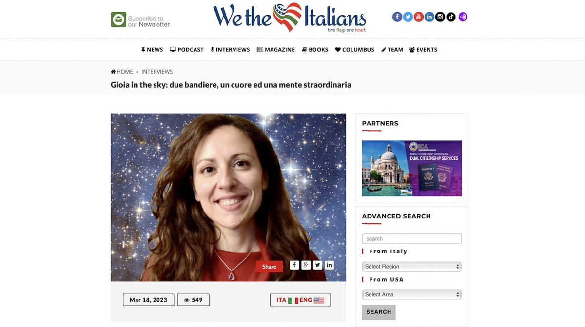 Mucci (We the Italians) a colloquio con l’astrofisica italiana alla NASA Gioia Rau
aise.it/comunit%C3%A0/… 
<a href="/wetheitalians/">We the Italians</a> <a href="/UmbertoMucci1/">Umberto Mucci</a> <a href="/GioiaRau/">Dr. Gioia Rau</a>