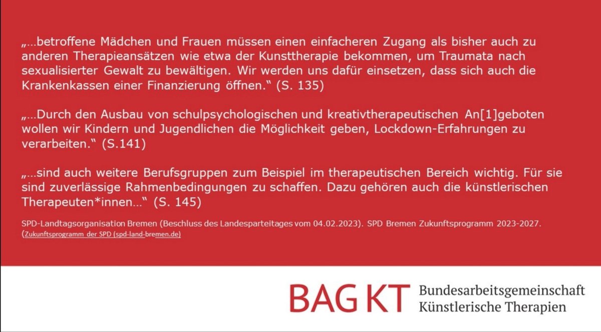BAG_KT's tweet photo. Über die Arbeitsgruppe Sozialdemokratinnen und Sozialdemokraten im Gesundheitswesen (@AsgSpd) konnten die Künstlerischen Therapien im SPD-Zukunftsprogramm 2023-2027 verankert werden, veröffentlicht zur Bremer Bürgerschaftswahl am 14.5.2023.
https://t.co/364OGu6yxX https://t.co/fifF5ZWaV5