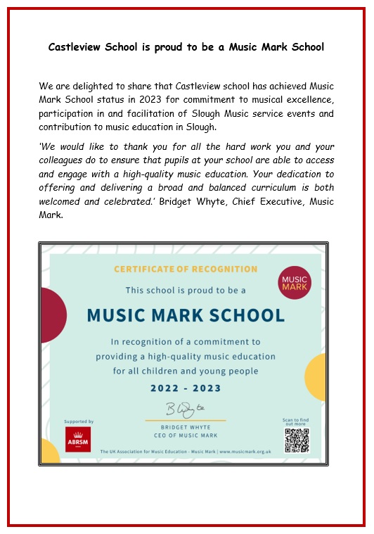 CVS_Slough's tweet photo. We have made the MUSIC MARK!!!
A big well done and thank you to Ms Steele for her ongoing commitment to our Music curriculum at Castleview #musicmark @musicmarkuk @EmmaSte88237119 https://t.co/ksSfBuqpju