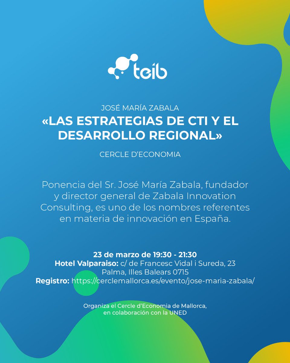 cluster_teib's tweet photo. Es un placer estar esta tarde en la ponencia de José María Zabala sobre "Las Estrategias de CTI y el Desarrollo Regional" organizado por @cerclemallorca y que se celebrará en el Hotel Valparaiso
Regístrate➡️https://t.co/EF6vWamc4y
#TEIB #TransicionEnergetica #ClusterTEIB https://t.co/in5c48k9Wh