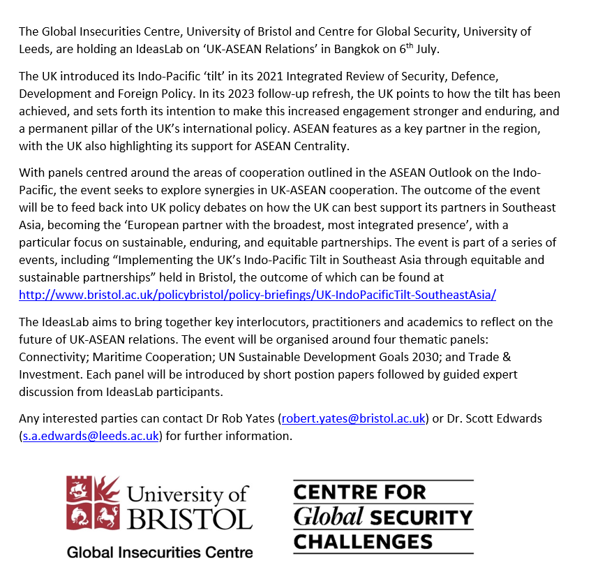 Scott Edwards (@drscottedwards) on Twitter photo <a href="/RobertPAYates/">Robert Yates</a> (<a href="/BristolGIC/">Bristol Global Insecurities Centre</a>) and I (<a href="/CGSCLeeds/">Centre for Global Security Challenges</a> ) are hosting an IdeasLab on ‘UK-ASEAN Relations: Towards sustainable, enduring, and equitable partnerships’, in Bangkok. <a href="/RobertPAYates/">Robert Yates</a> (<a href="/BristolGIC/">Bristol Global Insecurities Centre</a>) and I (<a href="/CGSCLeeds/">Centre for Global Security Challenges</a> ) are hosting an IdeasLab on ‘UK-ASEAN Relations: Towards sustainable, enduring, and equitable partnerships’, in Bangkok.