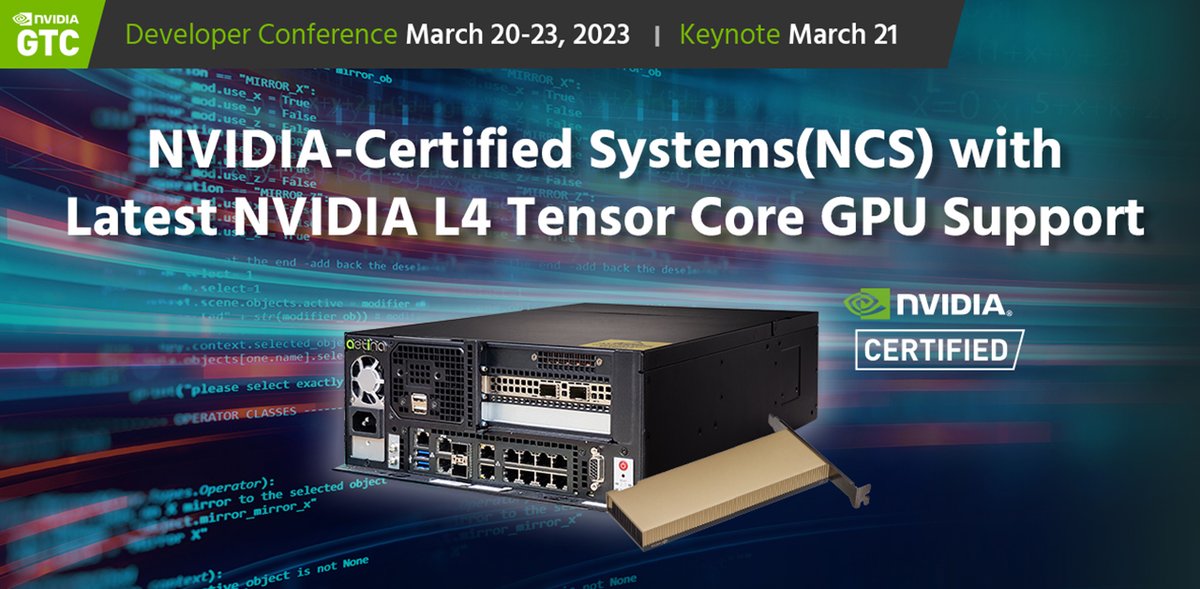 AetinaCorp's tweet image. #Aetina's #SuperEdge AIS-D422-A1, an #AI platform designed for AI model training, has been listed as a member of #NVIDIA-Certified Systems (NCS) 3.0 tested with the new NVIDIA #L4 Tensor Core GPU at an industrial edge level. Learn more: aetina.com/products-featu…