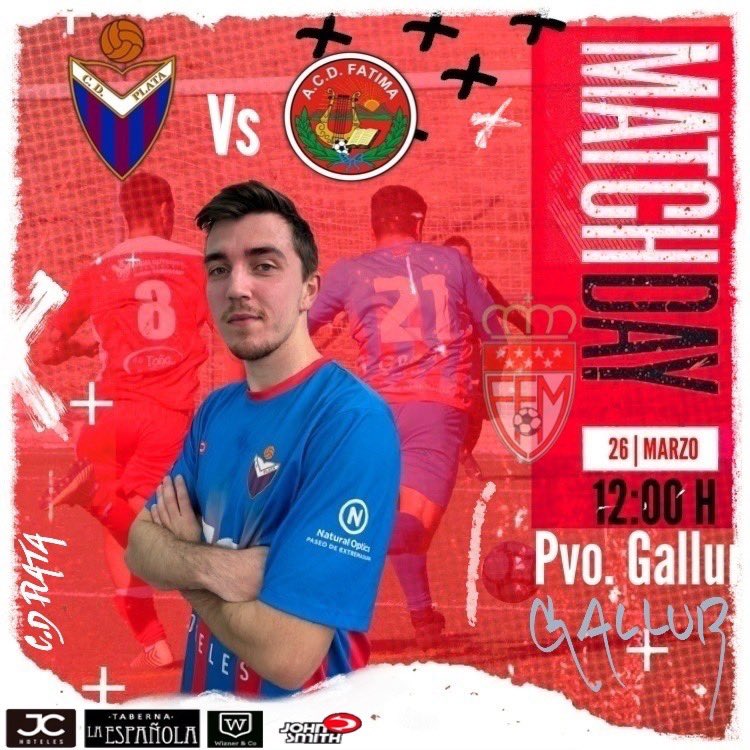 📣| 25ªJornada

🏆 3ª Regional Grupo 18
📆 26/03/2023
🕰 12:00H
🆚 A.D.C. Fátima 
🏟 Pvo. Gallur

Sponsor oficial <a href="/JCHoteles/">JC Hoteles</a> 

#SigamosHaciendoHistoria
#VamosPlata!!🔵🔴
#GenteValiente
#PlataAfiB