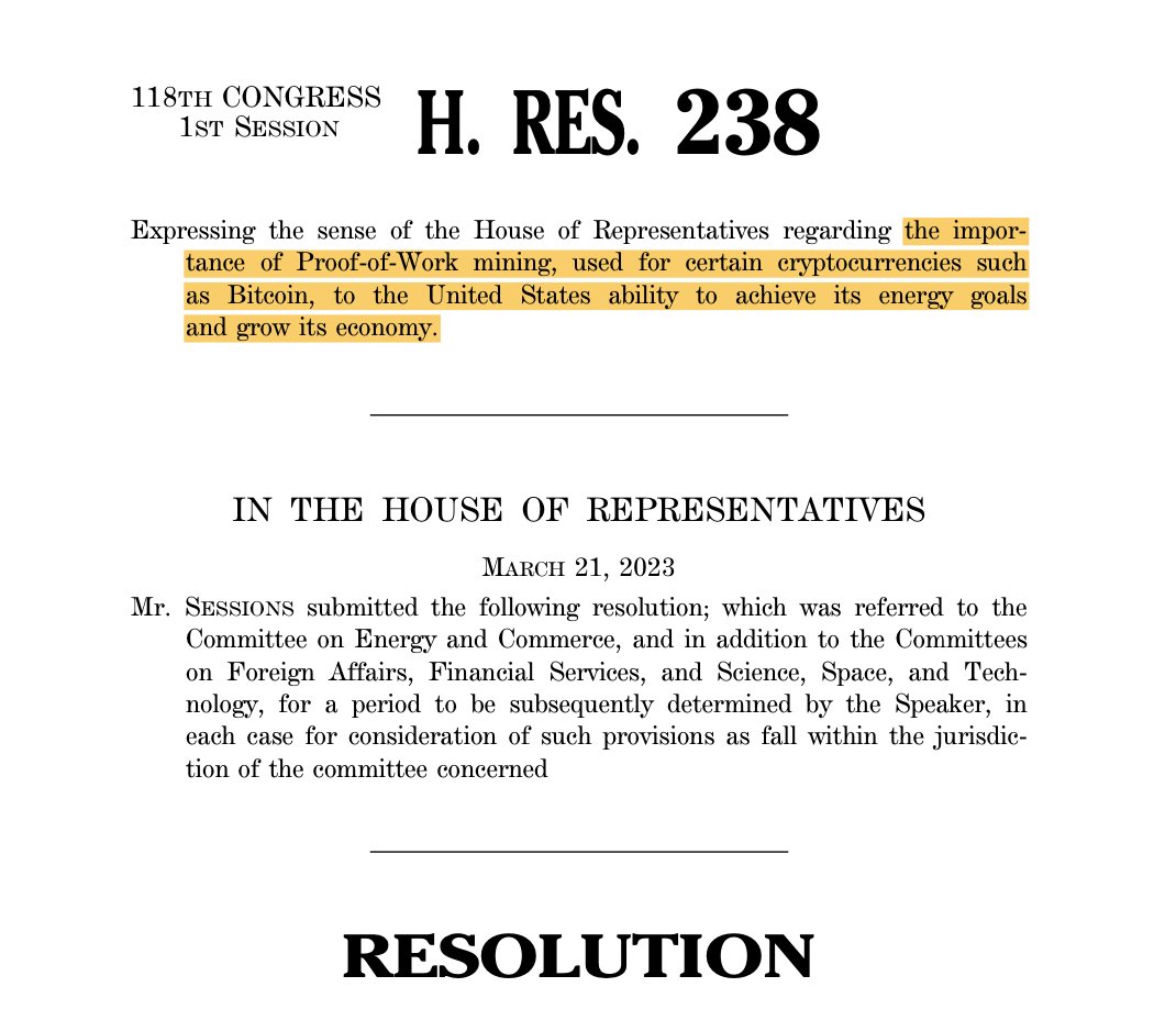 NEW: 🇺🇸 Bill introduced in Congress to encourage #Bitcoin mining in the US.

Proof-of-Work can "yield an explosion of innovation" and "grow the economy" 🙌