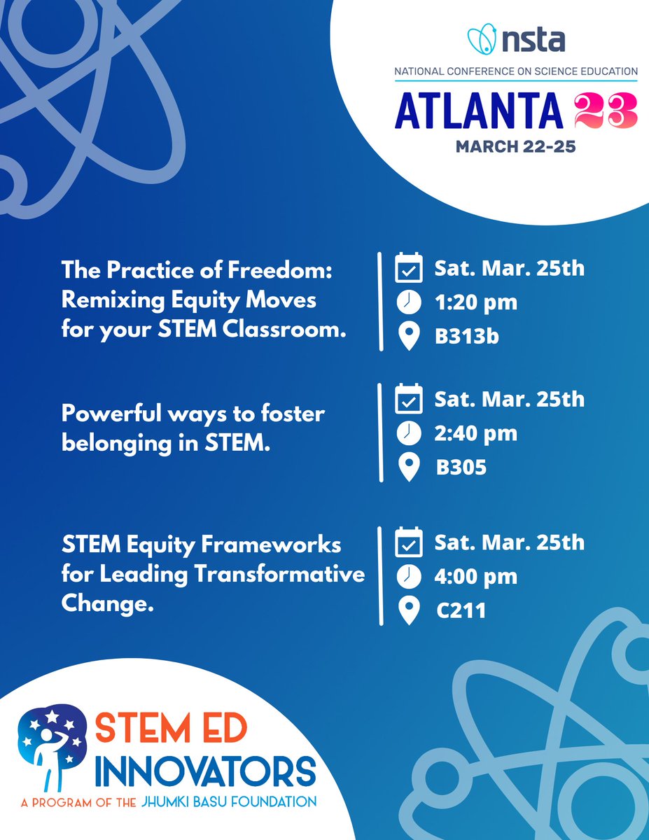STEMEdInnovator's tweet image. PLS RT @NSTA @Beyond100K @STEMTeachTools @ngsschat

We are excited to be in #Atlanta at #NSTA23. Join us on Saturday to create space for #STEMequity and learn about our #EquityLeaders program launching next month!

#EquitableSTEM #STEMforAll #STEMeducation #SciEd #NGSS #NGSSChat,