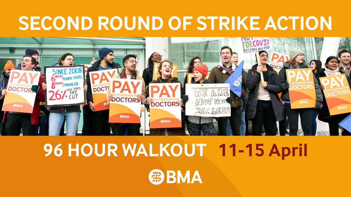11-15 April will be the next round of Junior Doctors strike action in England.
 
The Government is still refusing to make a credible offer - or any offer at all - to resolve our dispute. Read more: bma.org.uk/juniorspay