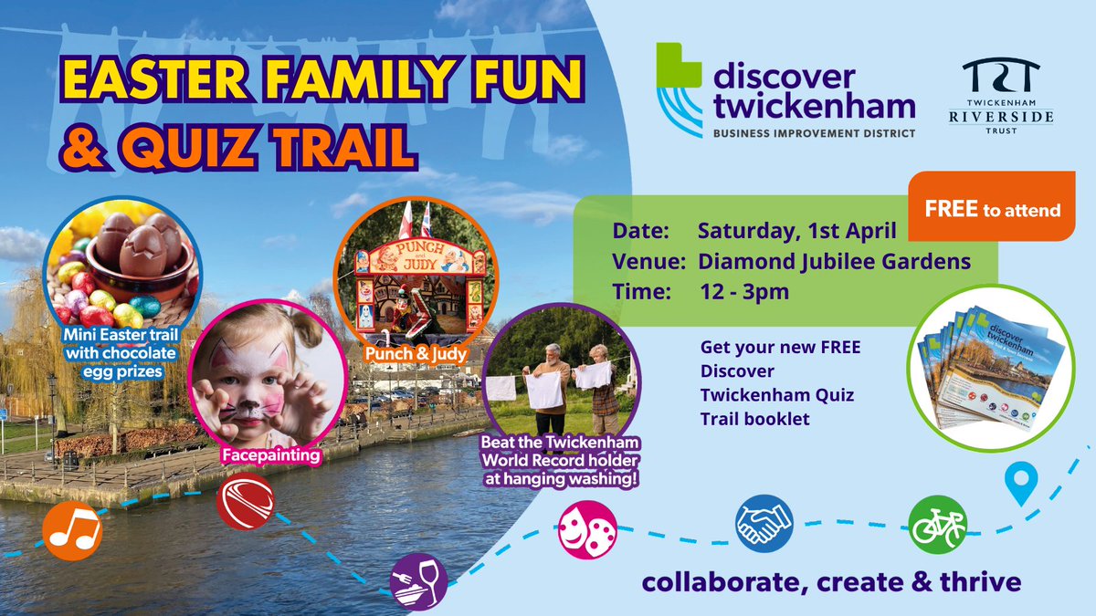 To mark the launch of a fantastic new #Twickenham Quiz Trail, we are hosting a FREE #Easter #familyfun day on Sat 1 April, 12-3pm. Get your hands on a free copy of the trail which encourages you to explore Twickenham and discover more about its history. bit.ly/3FJnkN8
