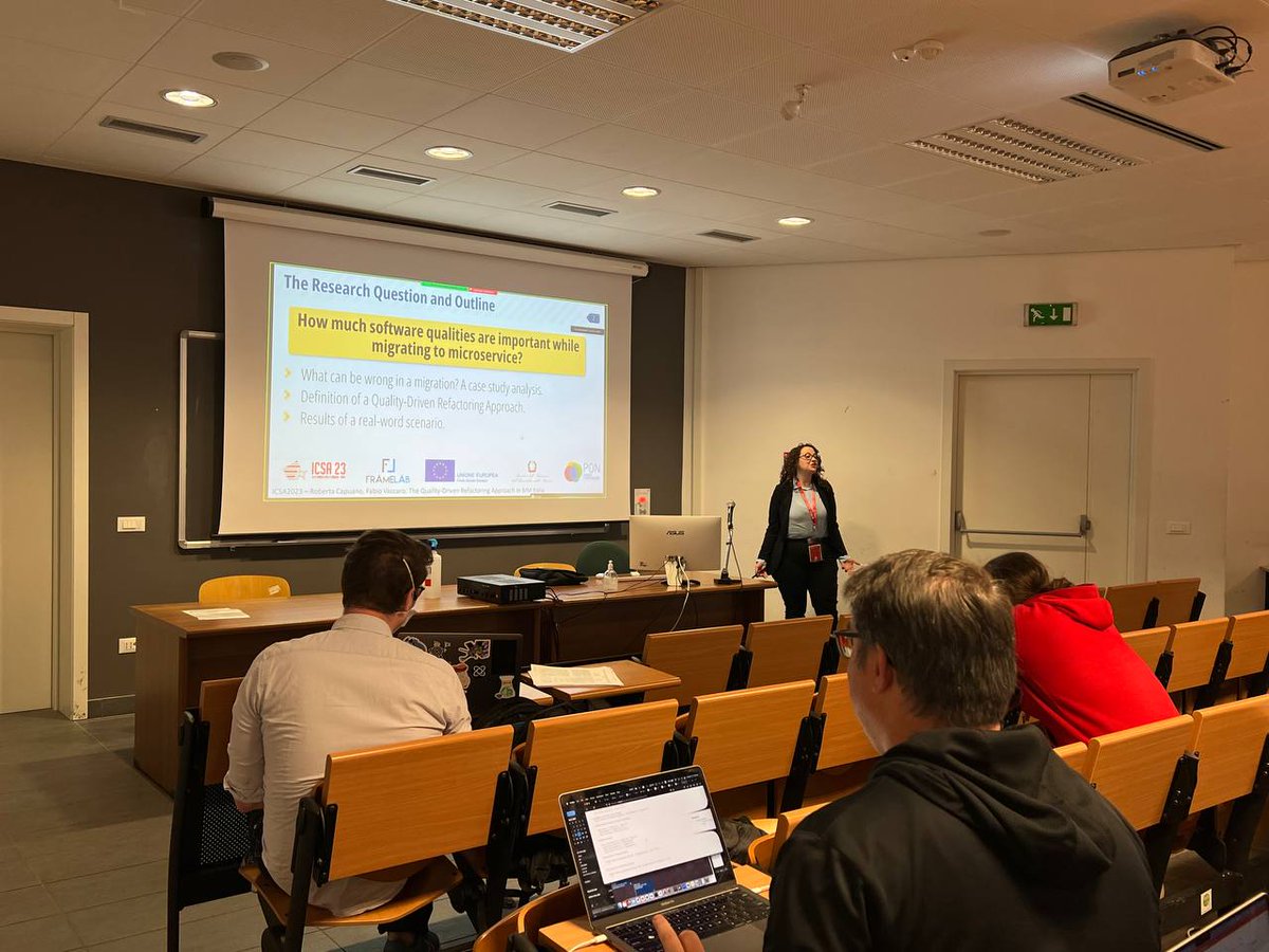 frAmeLabAQ's tweet photo. @RobertaCapuano_ was instead presenting our Software Architecture in Practice paper titled "The Quality-Driven Refactoring Approach in BIM Italia", written in collaboration with BIM Italia. https://t.co/VNvBgW0PgC