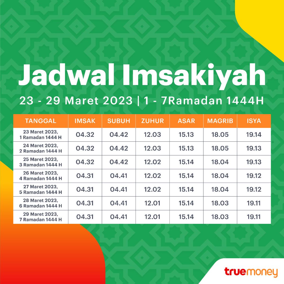 Hai #TrueFriends!
Lancarkah puasa Ramadhan 1444H 
hari pertamamu?

Yuk saved jadwal imsakiyah minggu pertama
untuk DKI jakarta dan sekitarnya yah!

Call center: 0804 1000 100
WhatsApp Chat: +62813 8003 3868
Jam Operasional Selama Bulan Ramadhan 08.30 - 16.00 WIB Setiap Hari