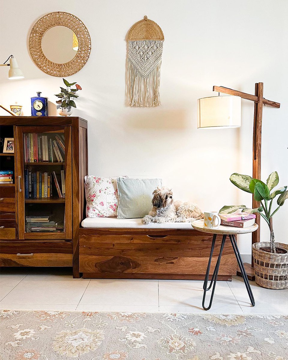 Our Zephyr Bench has received several woofs of approval from Mango, the cutest pup.

Also featured here is our Carnegie Bookshelf &amp; Capella Side Table. 

Styled by @thehappyumbrella 

#ULStory #urbanladder #indianhomedecor #interiordesign #homedecor #moderndesign