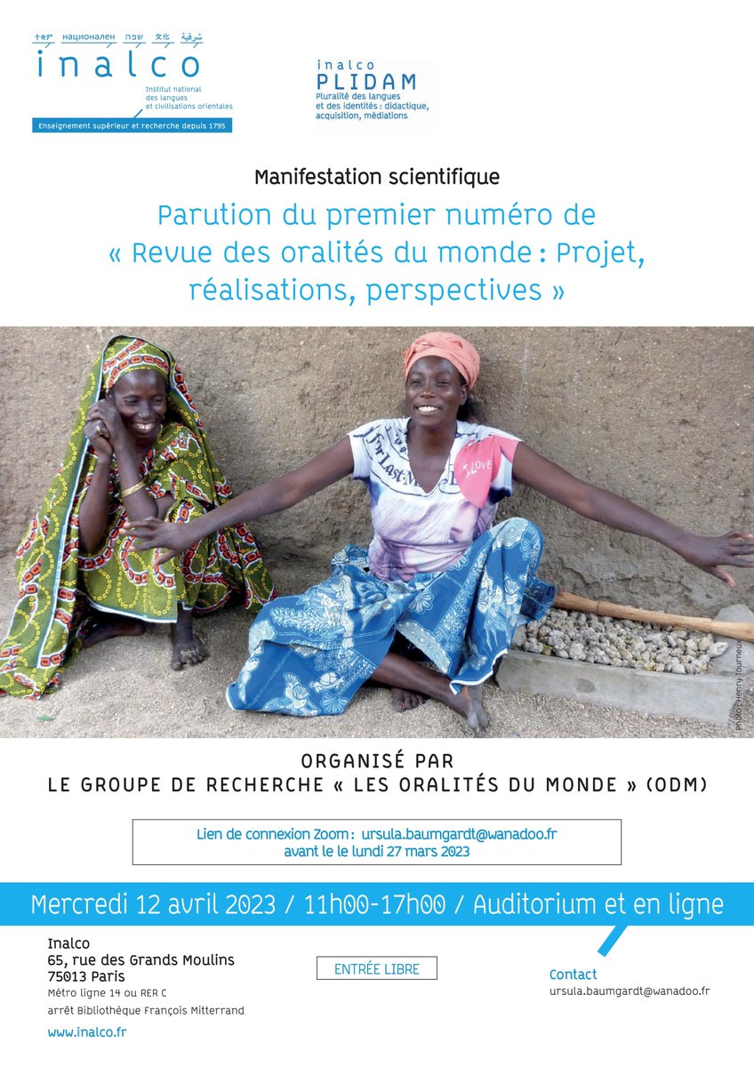 Plidam_Inalco's tweet image. Parution du premier numéro de la "Revue des #oralités du monde : Projet, réalisations, perspectives"
12 avril 2023
11h-17h
Inalco, 65 rue des Grands Moulins, 75013 Paris
Organisation : Ursula Baumgardt @Plidam_Inalco
+info et inscription inalco.fr/evenement/auto…
@Inalco