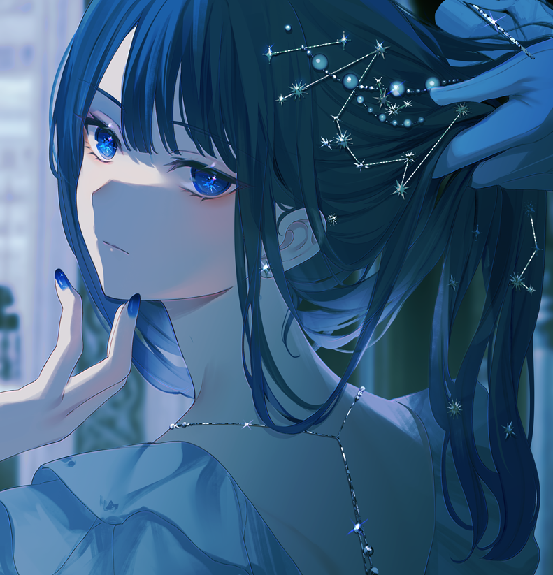1girl blue eyes solo jewelry looking at viewer blue nails blurry  illustration images