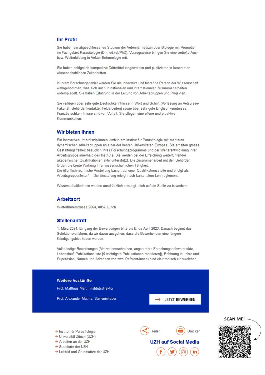 Open workgroup leadership position!
Institute of Parasitology, Vetsuisse Faculty, Univeristy of Zurich.

We are looking forward to your application!

#uzh #parasitology #vector #vectorentomology #jobs #jobsearch #vetsuisse #zurich #switzerland #hiring #research #vektorentomologie