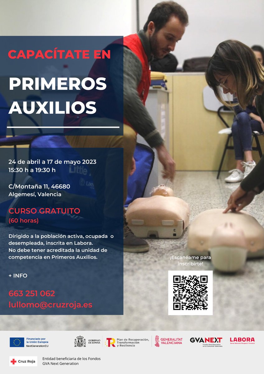 CruzRojaVLC's tweet photo. [#PrimerosAuxilios] 

📢Desde @CruzRojaEsp os animamos a participar en el curso GRATUITO de primeros auxilios que hemos organizado en Algemesí del 26 de abril al 17 de mayo. 

Aprende a salvar vidas. https://t.co/wbSVLQGzov