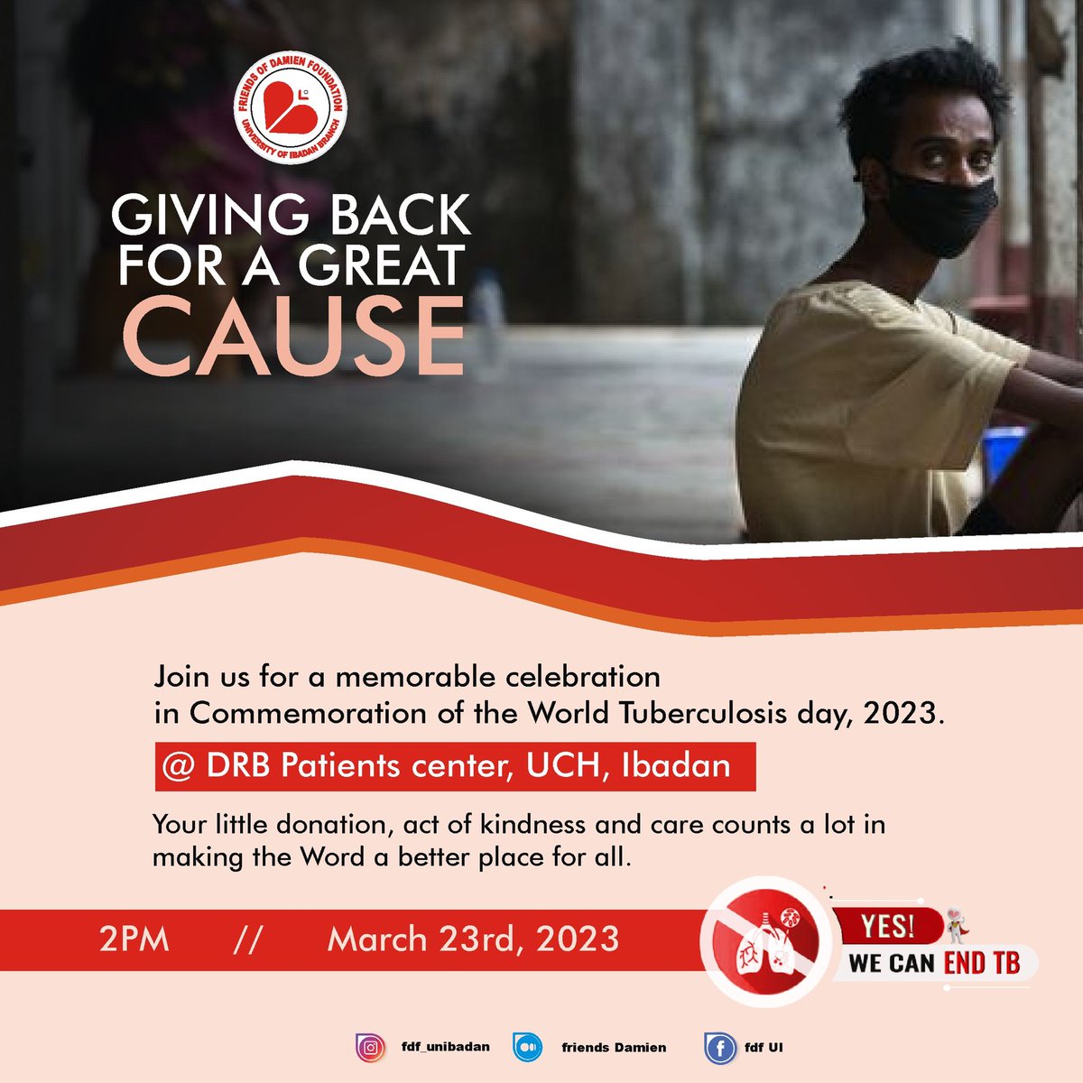 FDF_UI's tweet photo. Join us today as we give back for a greater cause.
Drug Resistant TB patients are facing a lot but your little act of kindness counts more.
As we celebrates this year World TB day, kindly do something remarkable and memorable ๐๐ค๐ฅฐ.
#StopTB
#TB_Awareness_Month
#FDF_UI https://t.co/PqgcKOKnBM