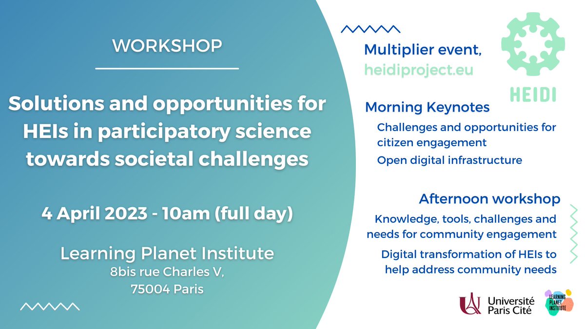 #EVENT - 📆 April 4th 💪 Register now for a whole day event dedicated to the use of digital methods and tools for co-creation of solutions to societal issues, organised by the @HeidiProject 🔗 tally.so/r/nr5O25 #openscience #citizenscience @univ_paris_cite