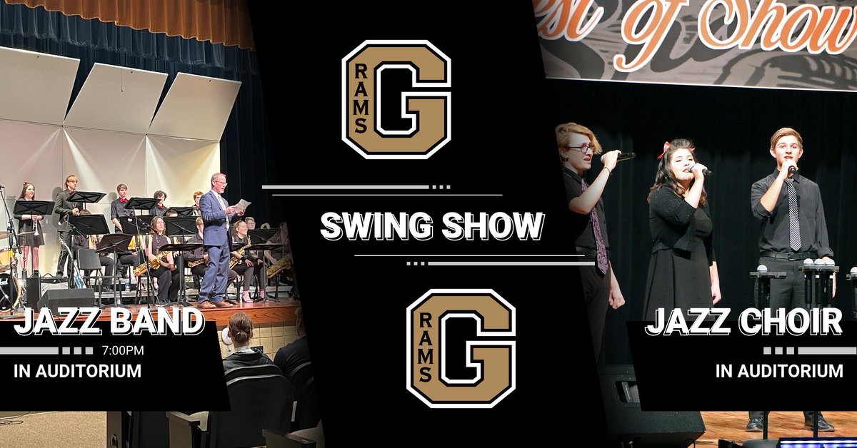 Join us tonight in the auditorium for our Swing Show featuring our State Qualifying Rhapsody In Gold Jazz Choir at 7:00pm followed by MS Jazz Band, HS Jazz Band Black &amp; our State Qualifying HS Jazz Band Gold!