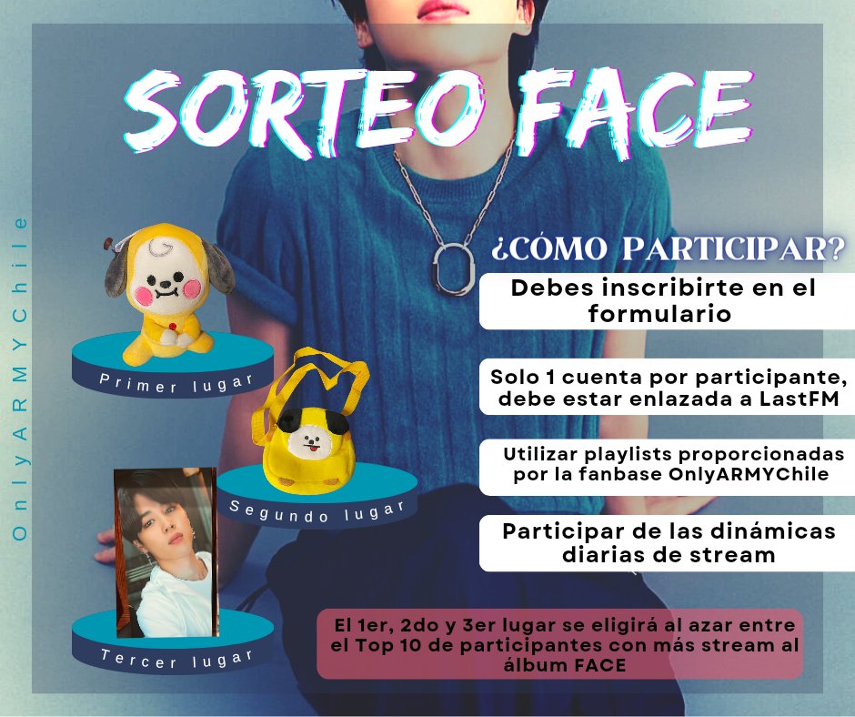 OnlyARMYChile's tweet photo. 🎁 CONCURSO FACE 🎁

📢CH ARMY! para celebrar y apoyar el primer trabajo en solitario de #JIMIN traermos concurso de stream en Spotify para CHILE🥳🇨🇱

Formulario de inscripción ⬇️
🔗https://t.co/UHI5jRgtDk https://t.co/MUgOnX8IES