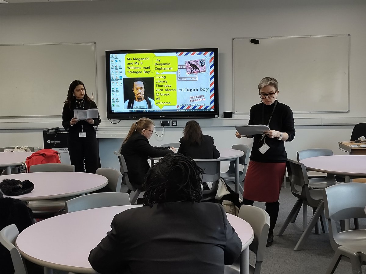 Ms Williams and Ms Moganchi read Refugee Boy by <a href="/BZephaniah/">Professor Benjamin Zephaniah</a> for the Year 7 #livinglibrary today. The pupils were so engaged and the book was borrowed straight after the reading.
#readingforpleasure #schoollibraries #librariesmatter