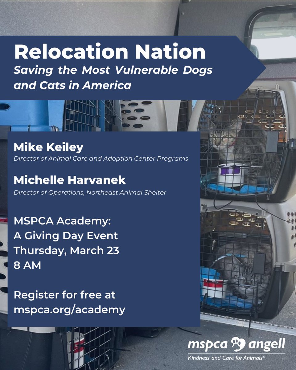 MspcaAngell's tweet photo. It's #GivingDay and t-minus 20 minutes until #MSPCAAcademy kicks off with #RelocationNation! Learn all about the transport program that has saved thousands of animals across the country in the last year alone. Register now at https://t.co/jga2V6TX6o! https://t.co/ks1DzVZsUT