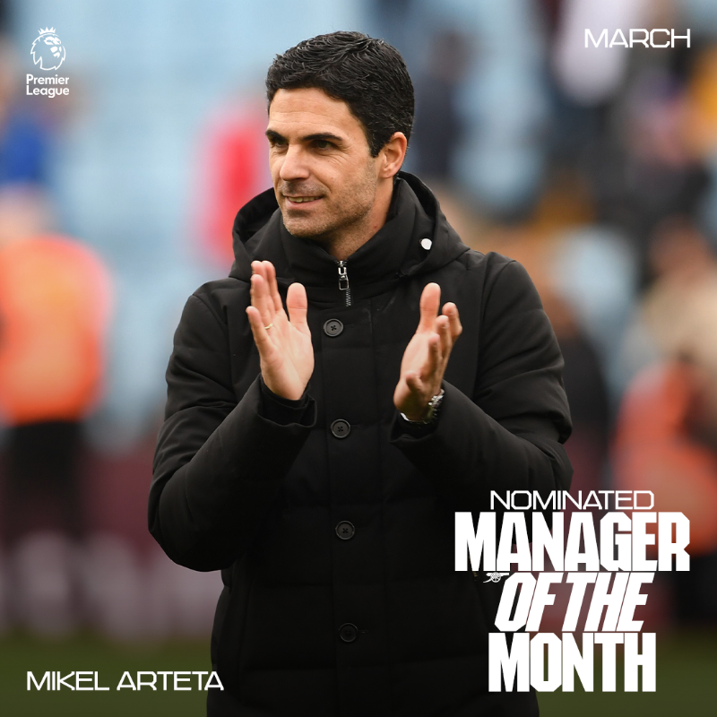Arsenal's tweet photo. ✅ Four wins
⚽️ 14 goals scored
💪 Two clean sheets

👔 The boss has been nominated for March’s Premier League Manager of the Month award!

🗳 Get voting for Mikel and his staff 👇