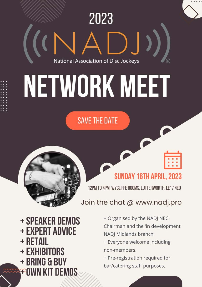 nadj_uk's tweet photo. A date for your diaries!
On Sunday 16th April 2023, between Midday and 4PM there is a DJ Networking Meet being organised by the 'in formation' NADJ Midlands branch.

The event promises a mix of manufacturers, demonstrations and owner content in #DJMee

https://t.co/qhN9iEbHId https://t.co/aef81u3c9x