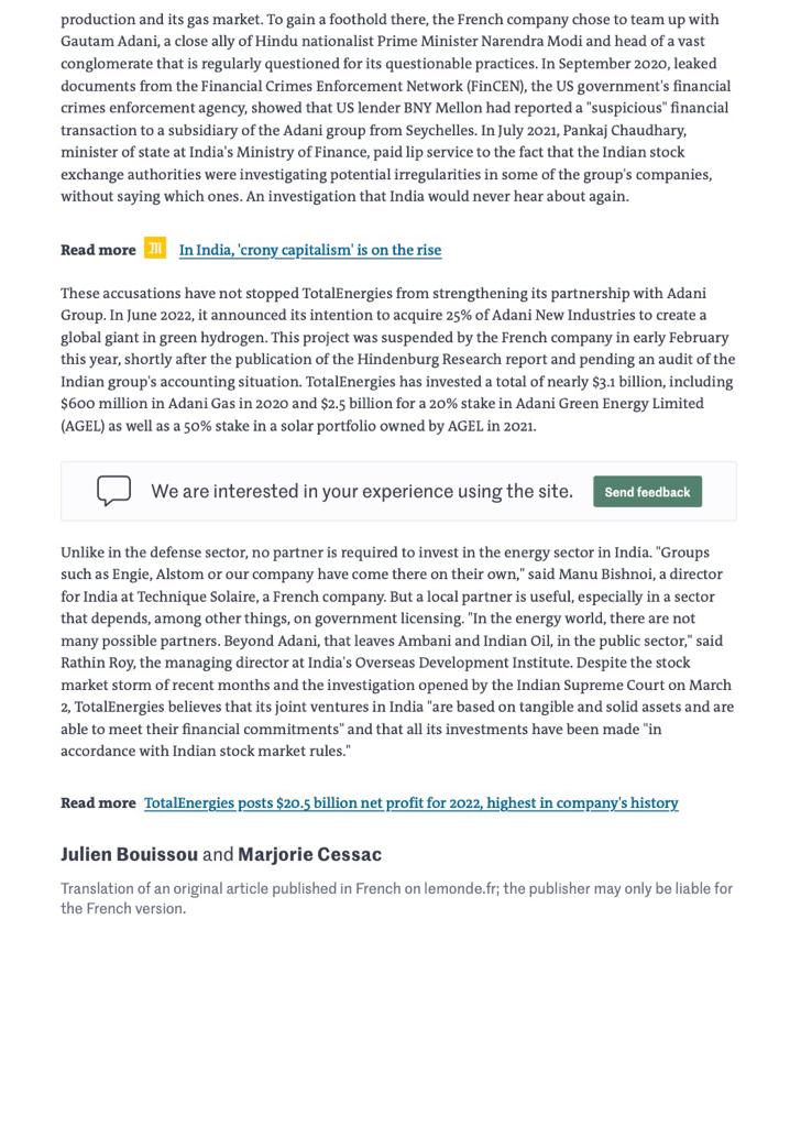 Why does a company like @TotalEnergies not respect the same standards of governance in France & in India, why does it turn a blind eye to dubious arrangements when it comes to India & Adani? @LeMonde_EN