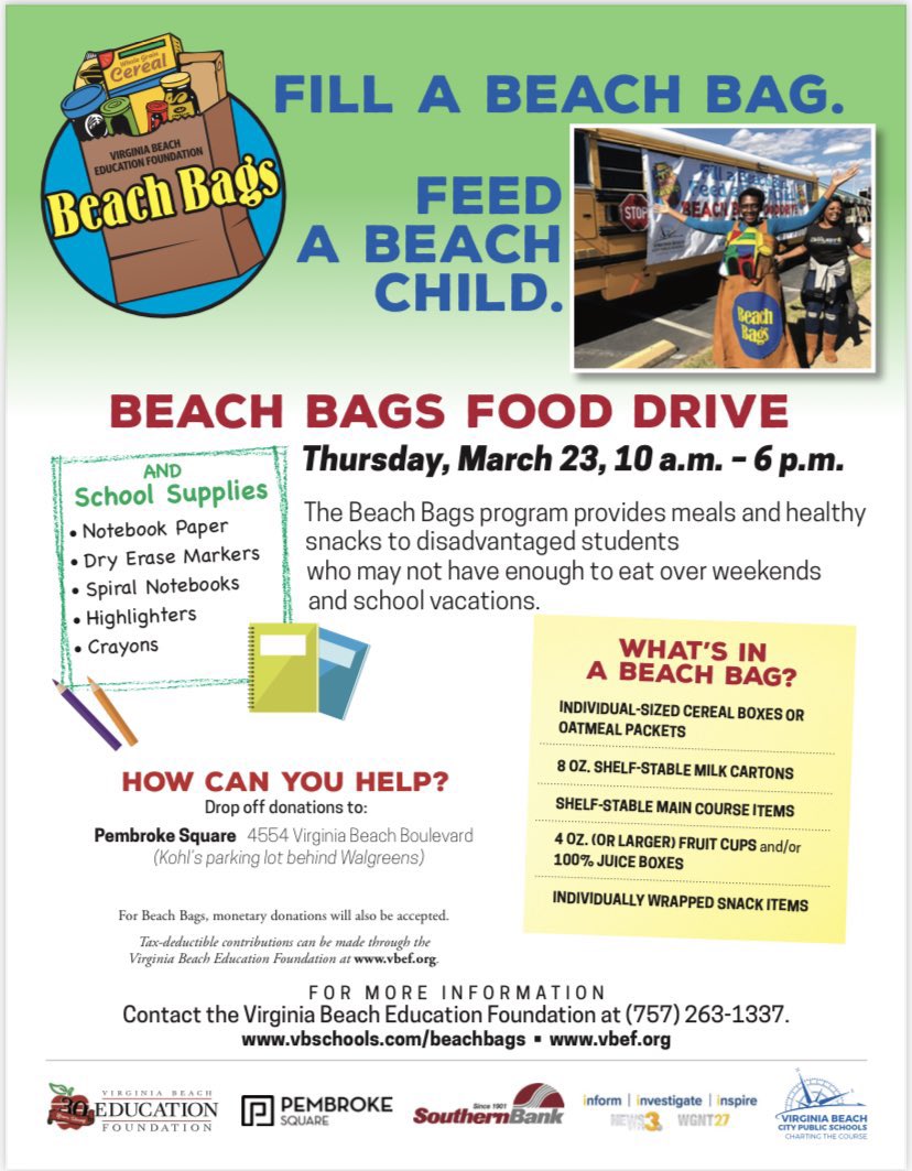 Virginia Beach friends please swing by today and drop off a donation- or two! 

I will be volunteering this afternoon hope to see you there! 

Stop by today between 10-6pm to drop off your donations.

#beachbags #vbschools #volunteering #donationswelcome
🍎✏️🧃📓🖍️