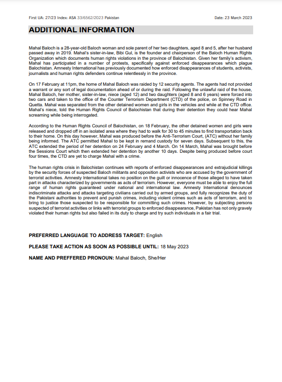 Pakistan: Today Amnesty International issued an URGENT ACTION on behalf of Mahal Baloch who has been arbitrarily detained for over one month 

Take action now: amnesty.org/en/documents/a… 

#MahalBaloch