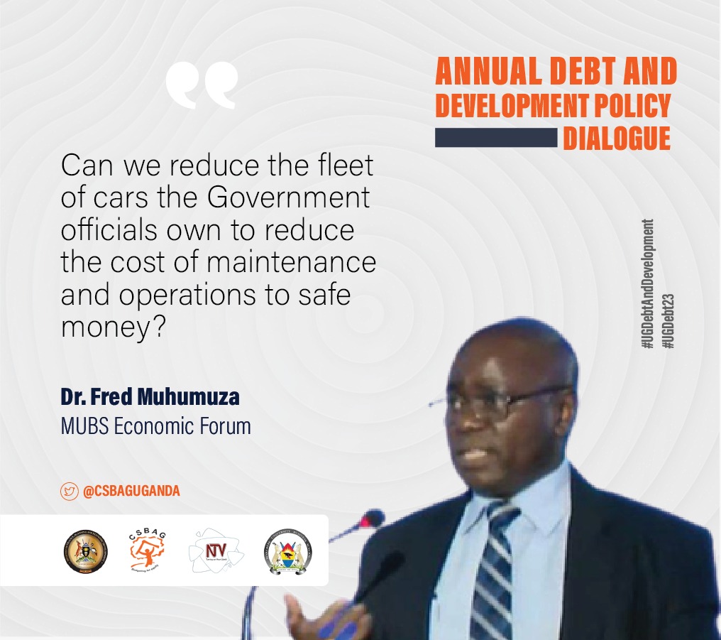 CSBAGUGANDA's tweet photo. . @GovUganda should reduce the fleet of cars its officials own to reduce the cost of maintenance and operations to save money ~ Dr. Fred Muhumuza. @OfficialMubs @mofpedU #UgDebtAndDevelopment #UGDebt23
β© https://t.co/k3BKHlfSSR